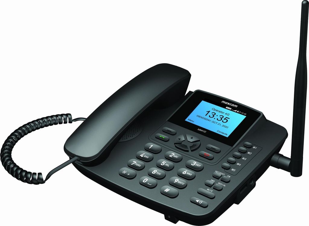 A black Maxcom Comfort MM41D Smart Telephone with an antenna is shown against a white background.