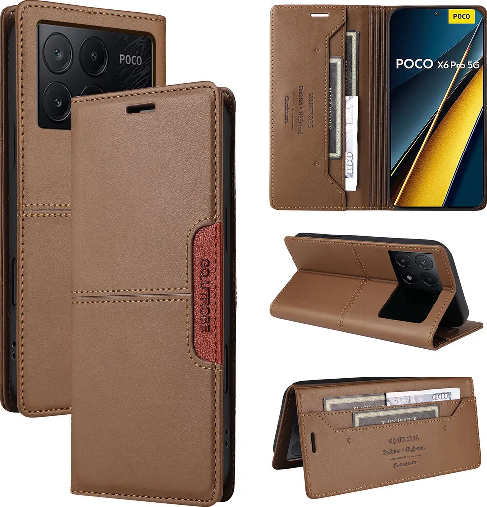 Custodia Xiaomi Poco X6 Pro Marrone: Portafoglio in Pelle con Stand