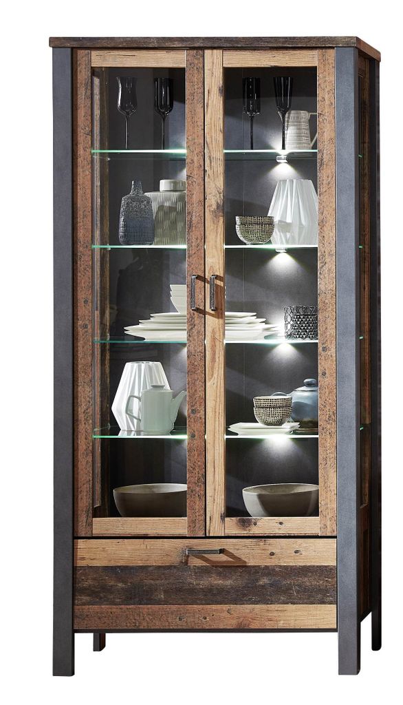 Vitrine CARDIFF mit LED Beleuchtung - Vintage Style Mix dark