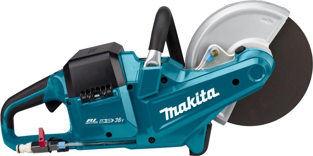 A studio shot of a cordless cut-off saw.
