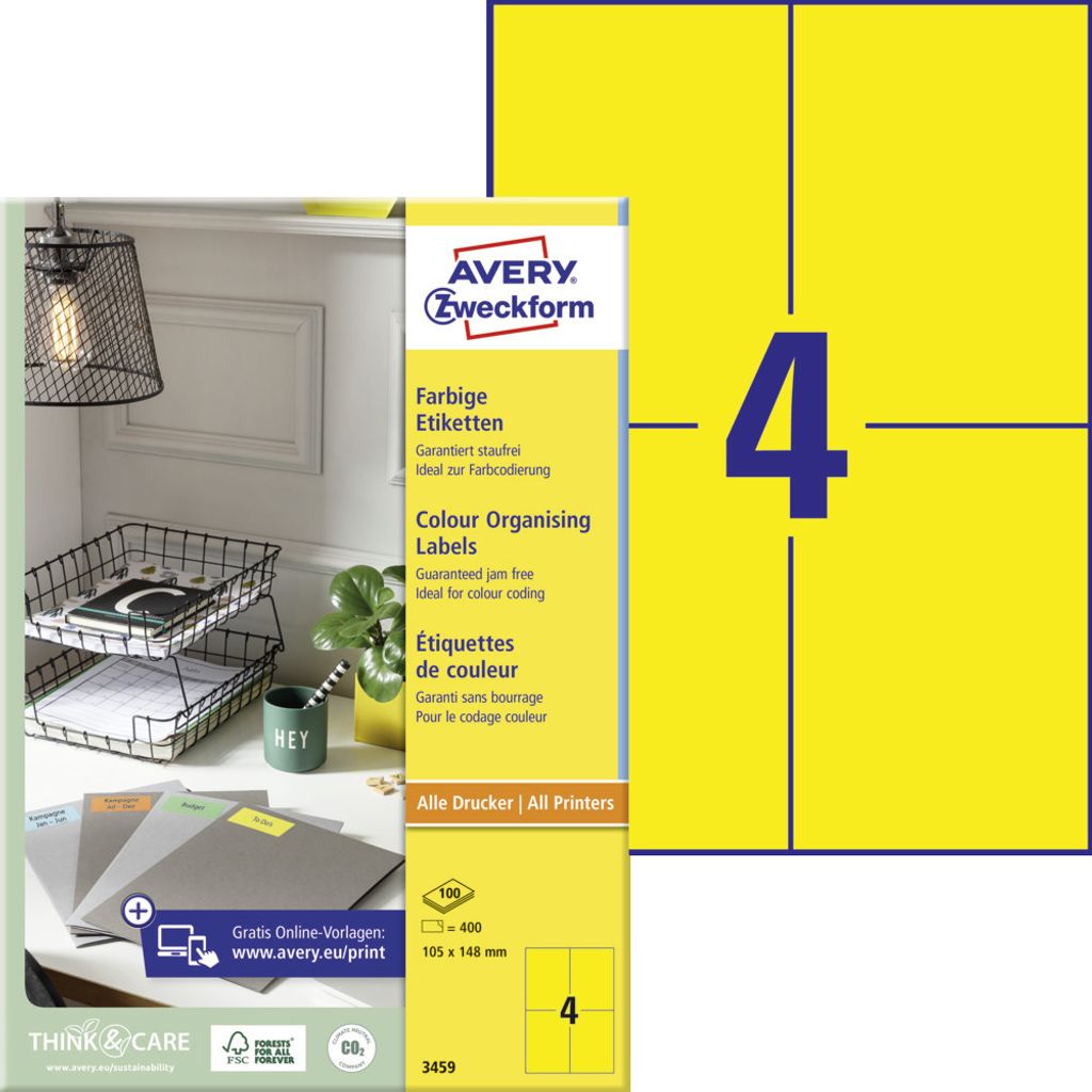 Avery Zweckform 3459 Farbige Etiketten, A4, 105 x 148 mm, 100 Bogen/400 Etiketten, gelb