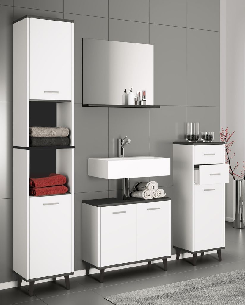 VCM 4-tlg. Badmöbelset | Badmöbel | Set aus Unterschrank, Midischrank, Hochschrank und Spiegel | Badezimmermöbel - Landos