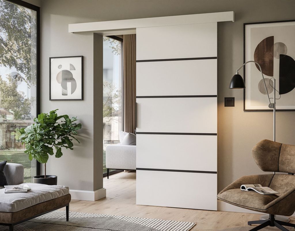 A modern living room with a sliding door, furniture, and decor.