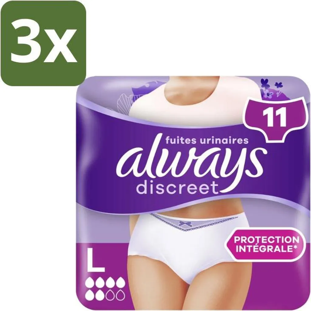 Always – Slip per incontinenza – Per incontinenza urinaria Taglia L – 11 slip per incontinenza - Confezione risparmio - 3 pezzi