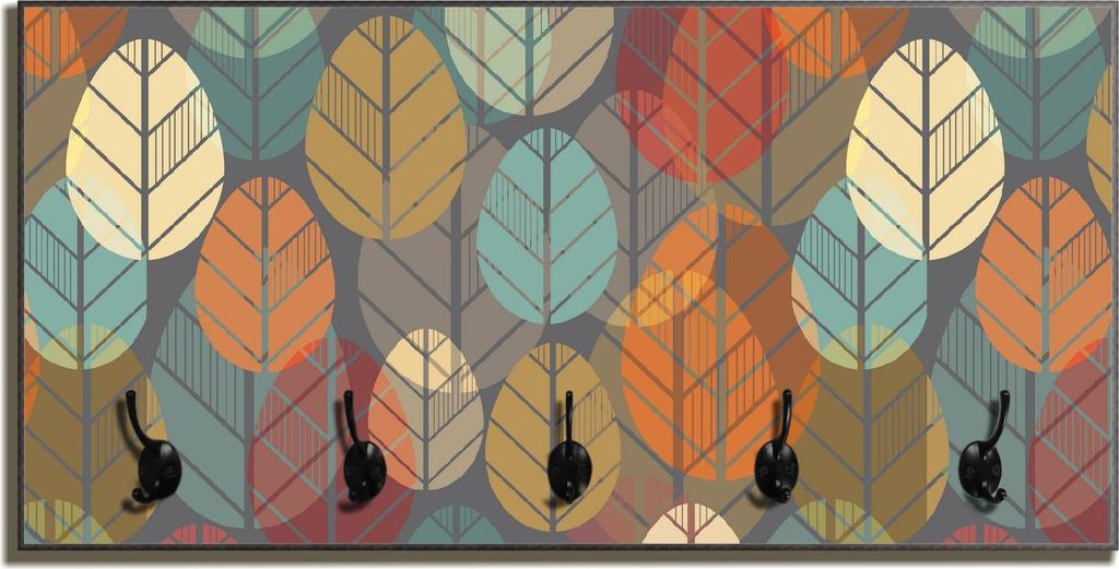 Wallario Flurgarderobe Wandgarderobe aus Holz, mit 5 Haken, Größe 80 x 40 cm, Motiv Bunte Blätter in Herbstlaune