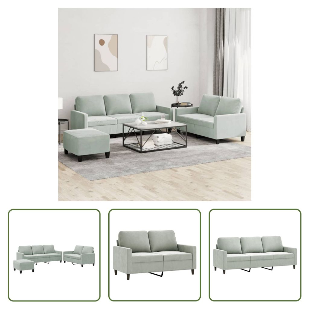 The Living Store 3-tlg. Sofagarnitur mit Kissen Hellgrau Samt