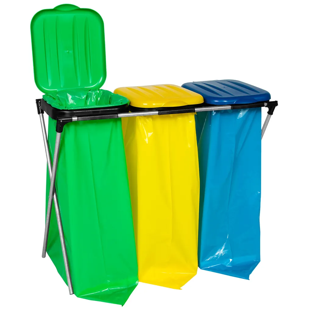 Support sac poubelle triple 120L avec couvercles de tri spécial recyclage
