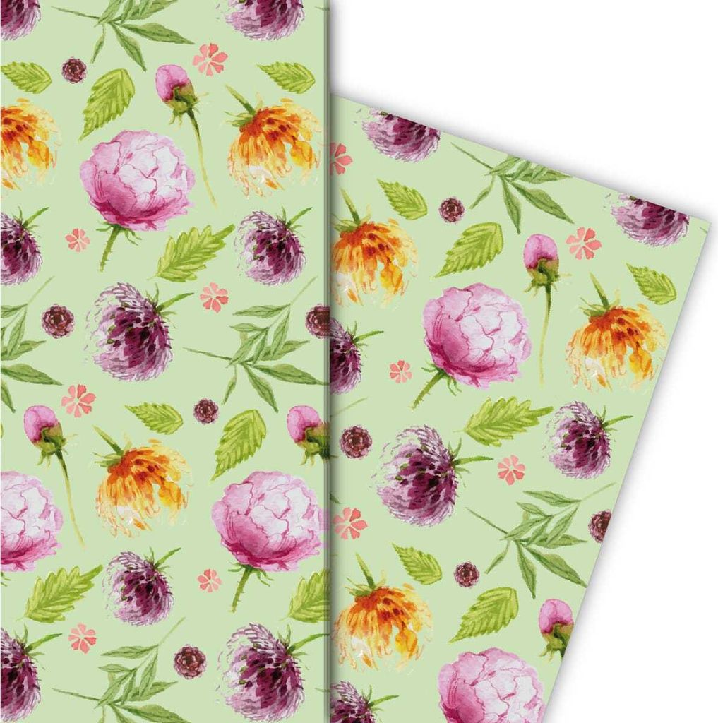 Sommerliches Geschenkpapier mit Blumen, grün - G4827, 32 x 48cm