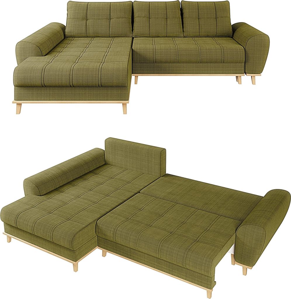 Ecksofa Scandi-Stil Schlaffunktion Bettkasten m. Bouclé Chenille Stoff in Grün / 21016