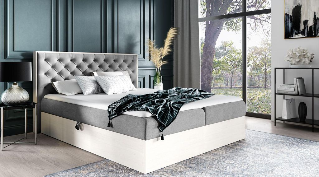 Kontinentales Bett 180x200 CHANTELLE 3 - nordisches Teakholz / Dunkelgrau + GRATIS Matratzenauflage