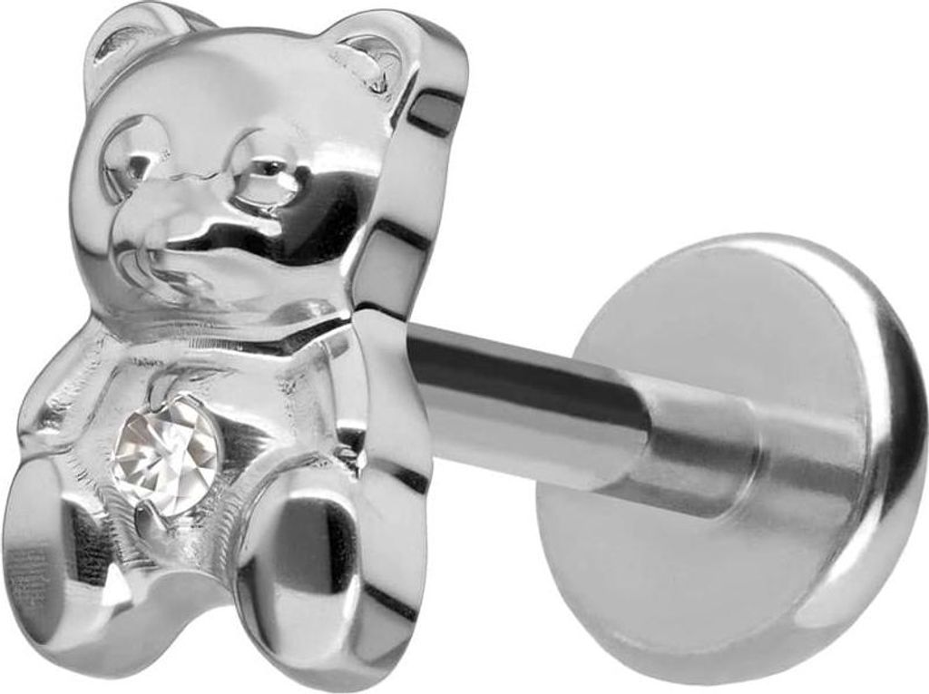 Ohrpiercing, Nasenpiercing Titan Labret mit Push Fit TEDDYBÄR Silber Stablänge: 8mm | Stabstärke: 1mm