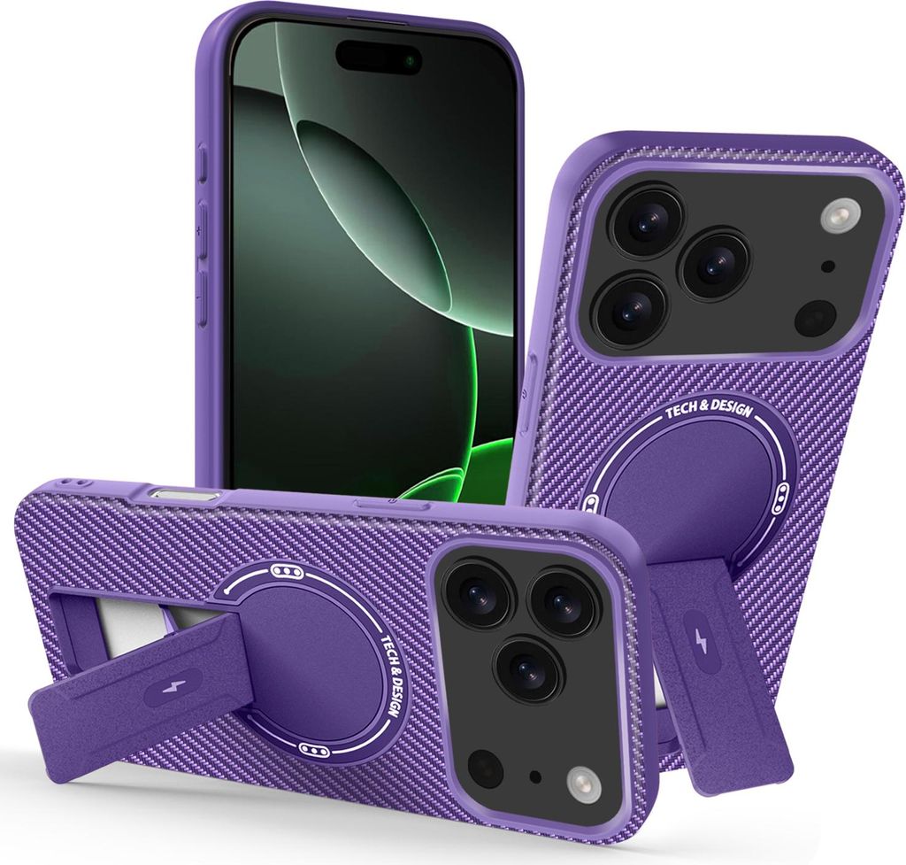 Hülle für iPhone 17 Pro Magnetisch Carbonfaser Design TPU Hybrid Handyhülle mit Ständer Lila