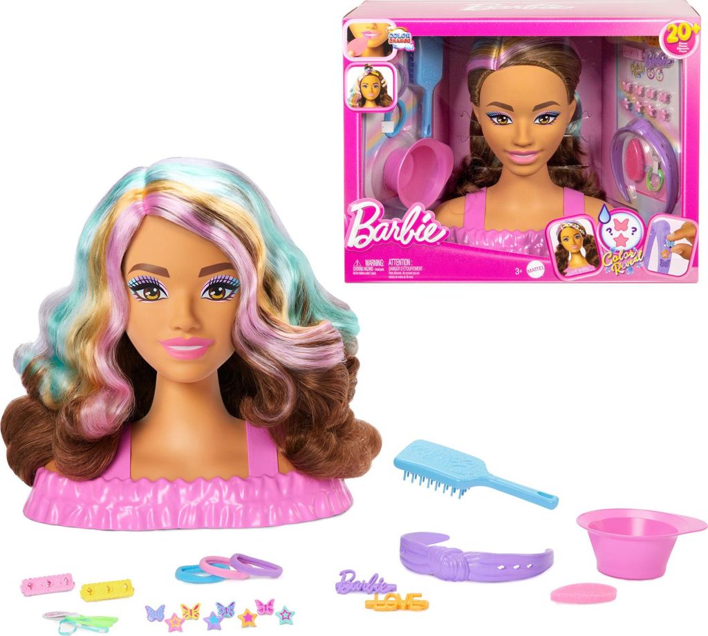 A Barbie styling head with accessories and its packaging.