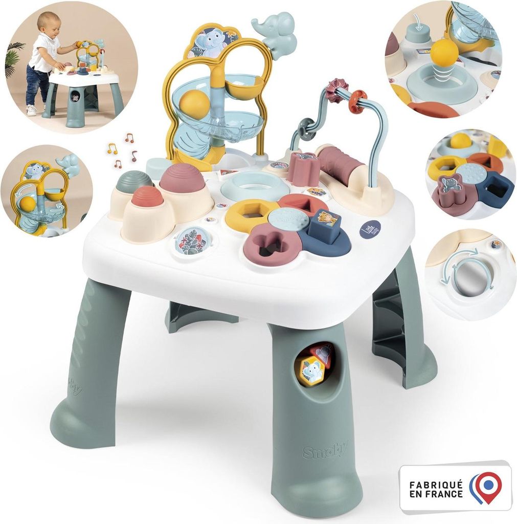 A collage of images showing a baby playing with an interactive toy table, close-ups of the table's features, and a child using the table.