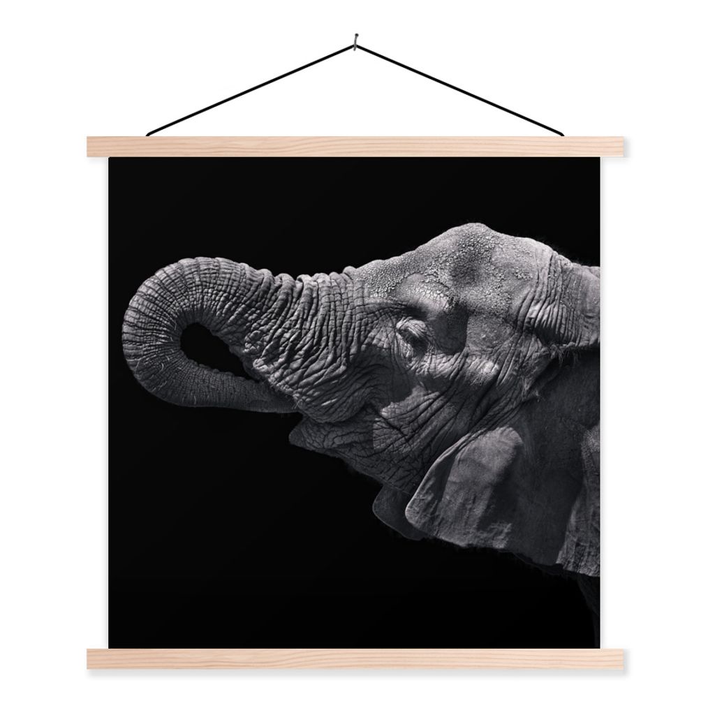 MuchoWow Textilposter Elefant - Tiere - Schwarz - Natur 60x60 cm mit holzfarbenen Rahmen - Wanddekoration
