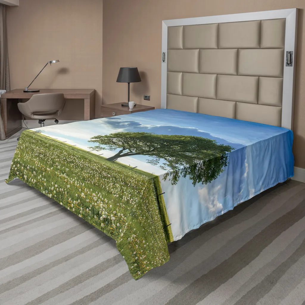 Drap de lit doux confort paysage été 260 cm x 228 cm ABAKUHAUS Vert Bleu