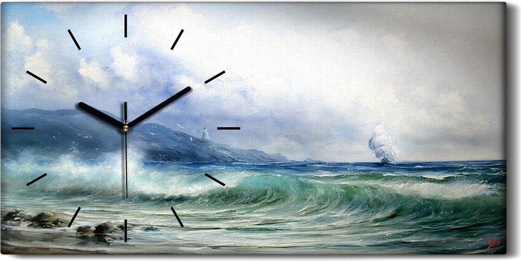 Wandbild Leinwand Bilder Wanduhr Geräuschlos Kunstdruck 60x30 Schiff Leuchtturm - schwarze Hände