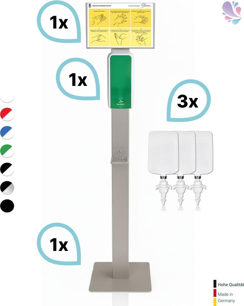 SET: Desinfektionsspender SENSOR Cosmos +Bodenständer Edelstahl +Infotafel +3x 1-Liter Hautdesinfektion +prof. Hygieneplan : Farbe - Grün / Weiß...