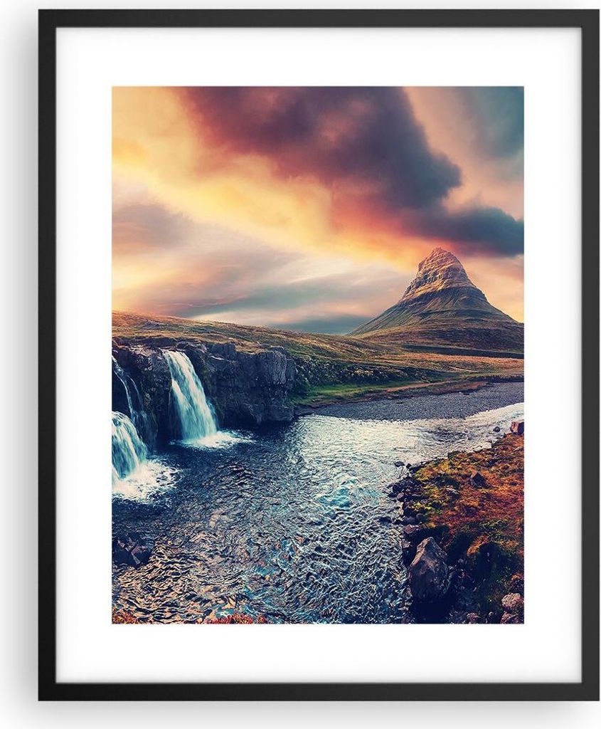 Gerahmtes Poster - Schwarzer Rahmen - Wasserfall Himmel Berg - 40x50 cm - Wand Bild - Wanddeko - Wandbilder - Kunstposter - Wandposter - Bilderrahm...