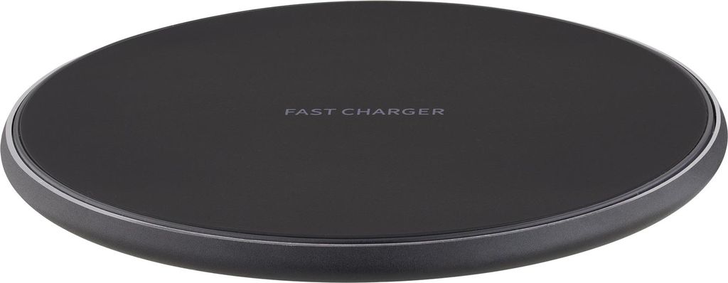 A black wireless charger is shown from a slightly elevated angle against a white background.