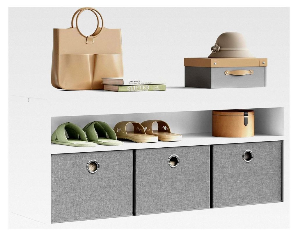 Sitzbank mit Stauraum, Schuhbank mit 3 Stoffschubladen, offenem Fach, Bettbank, für Flur und Schlafzimmer, 102x45x30 cm, Holzwerkstoff, Weiß