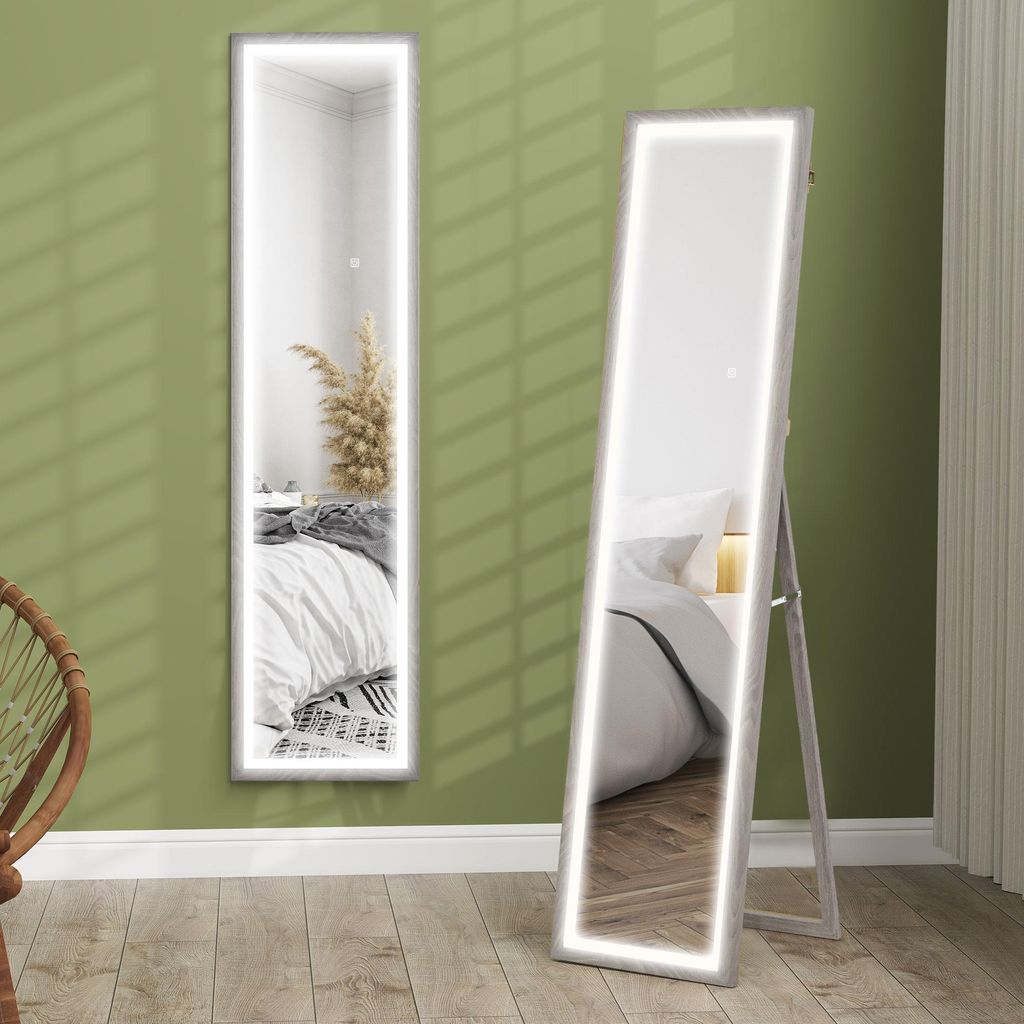 HOMCOM Ganzkörperspiegel 40 x 160 cm Standspiegel mit LED-Lichte, 3 Lichtfarben