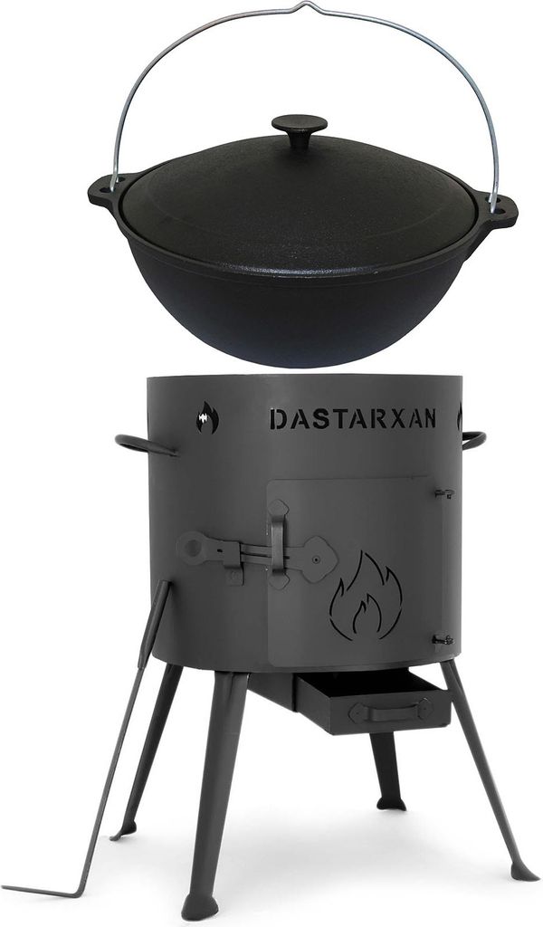 Set Utschak + 12 Liter Kasan Kazan aus MASSIVEN Gusseisen Feldküche Gulasch-Kessel Feuer-Ofen Outdoor