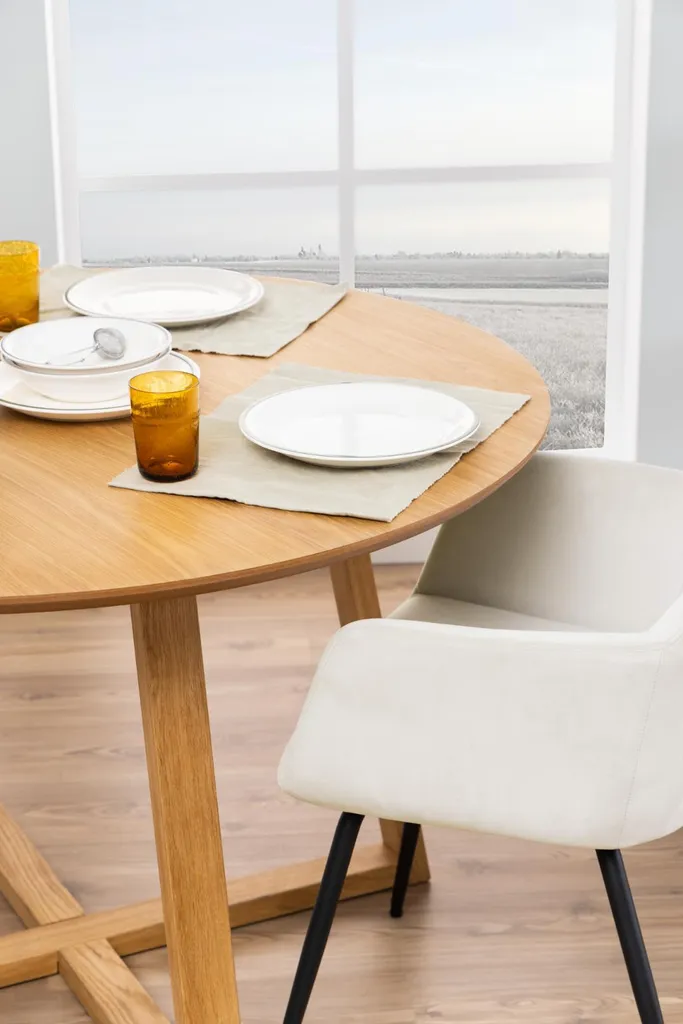 Table à manger Malika Ø120 cm, finition chêne clair et plateau robuste - 6