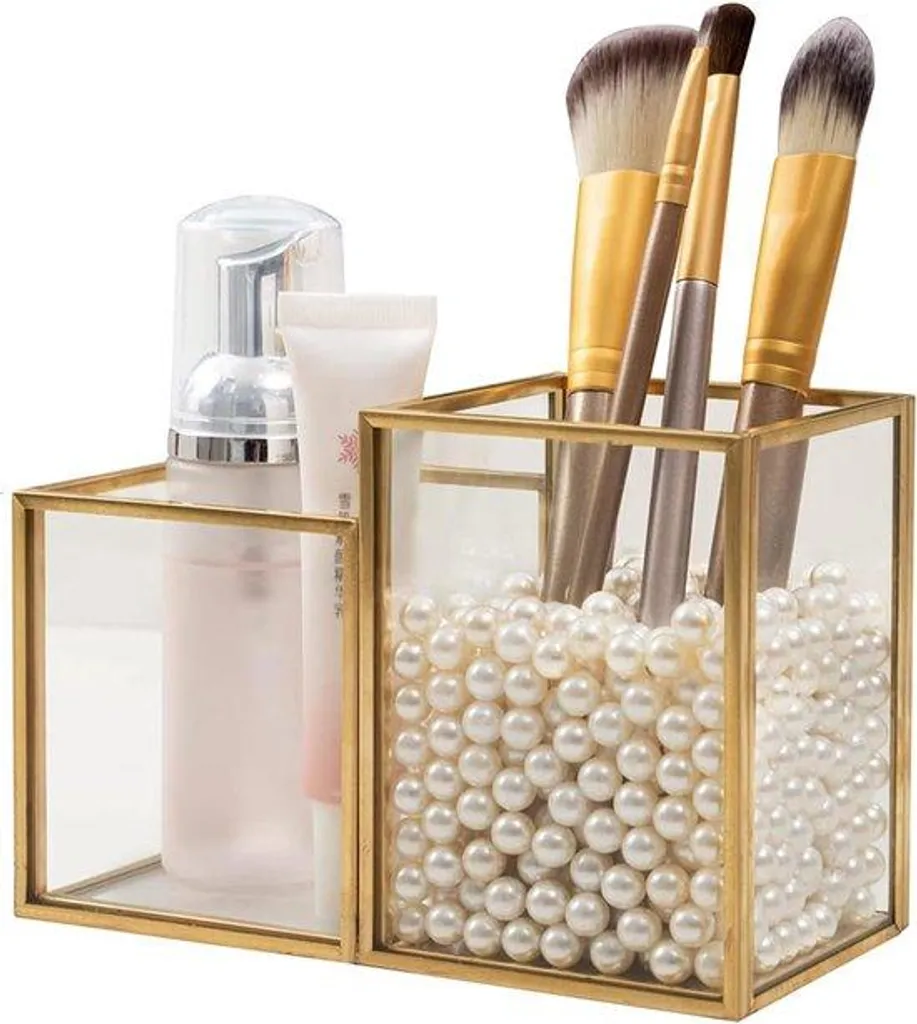 Organiseur de pinceaux maquillage en verre et cuivre - Rangement Chic