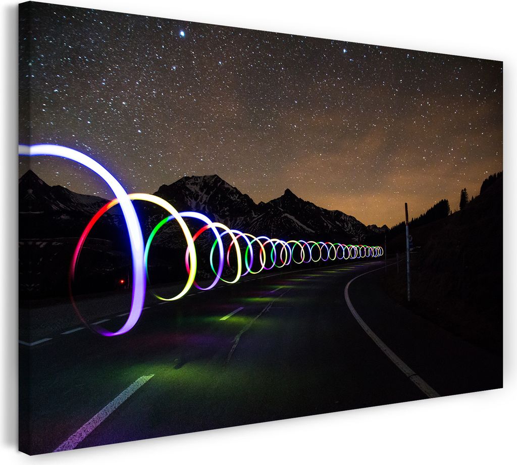 Leinwandbild (100x70cm): Leuchtende Kreisel in der Nacht, echter Holz-Keilrahmen inkl. Aufhänger, handgefertigt in Deutschland