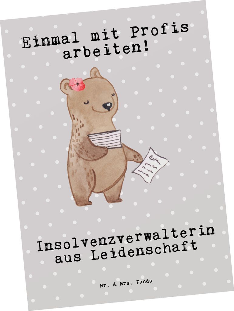 Mr. & Mrs. Panda Ansichtskarte Insolvenzverwalterin Leidenschaft - Grau Pastell - Geschenk, Ansichtskarten, Postkarte, Grußkarte, bildkarte, Postk...