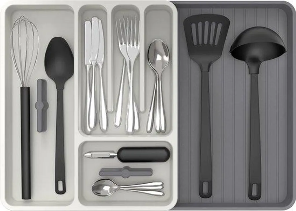 Porte-couverts réglable blanc et gris pour tiroir de cuisine moderne