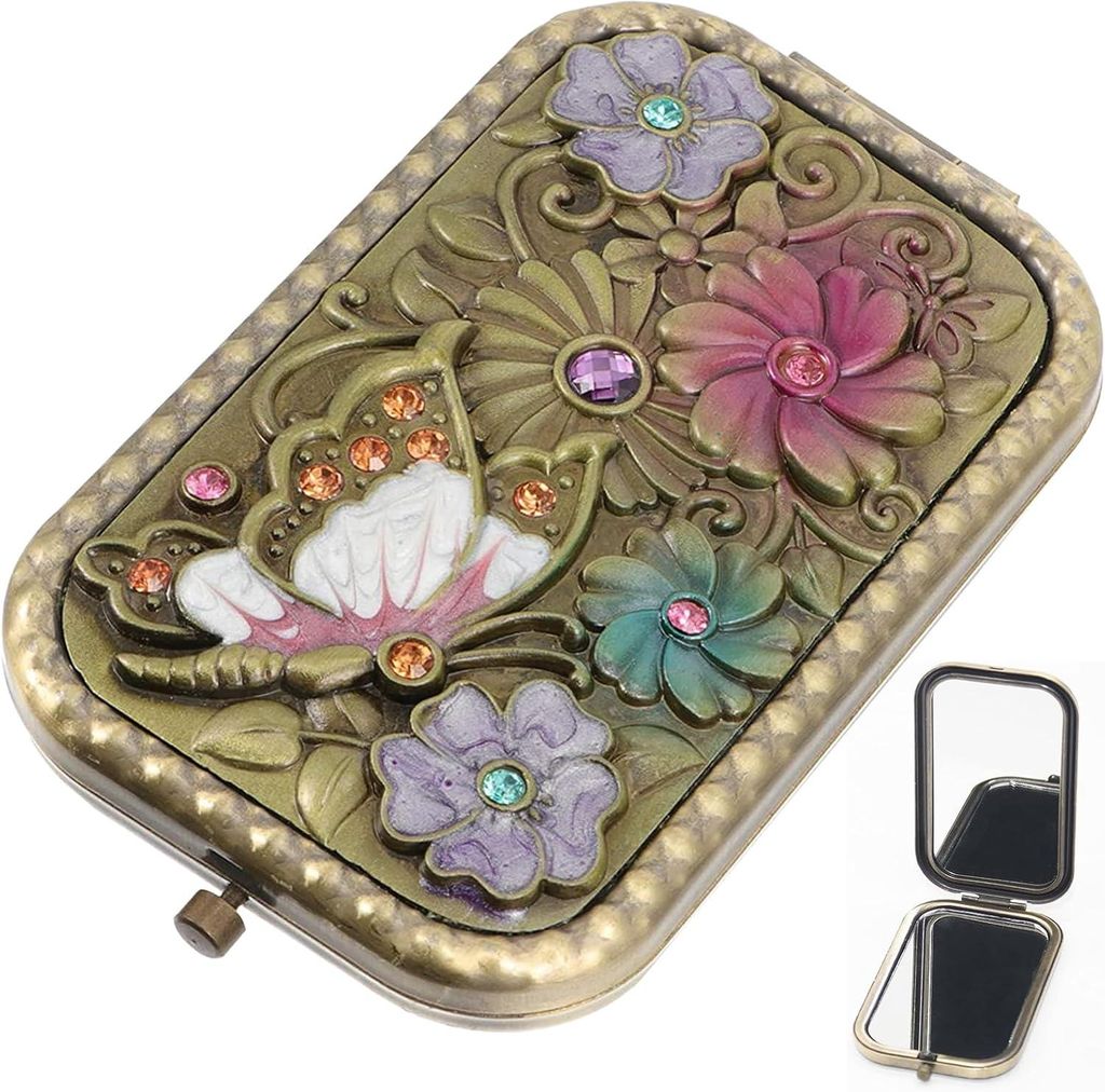 Vintage-Schminkspiegel, Mini-Doppelseitiger Falt-Kosmetikspiegel, Handspiegel, Tragbarer Kompakt-Metallspiegel