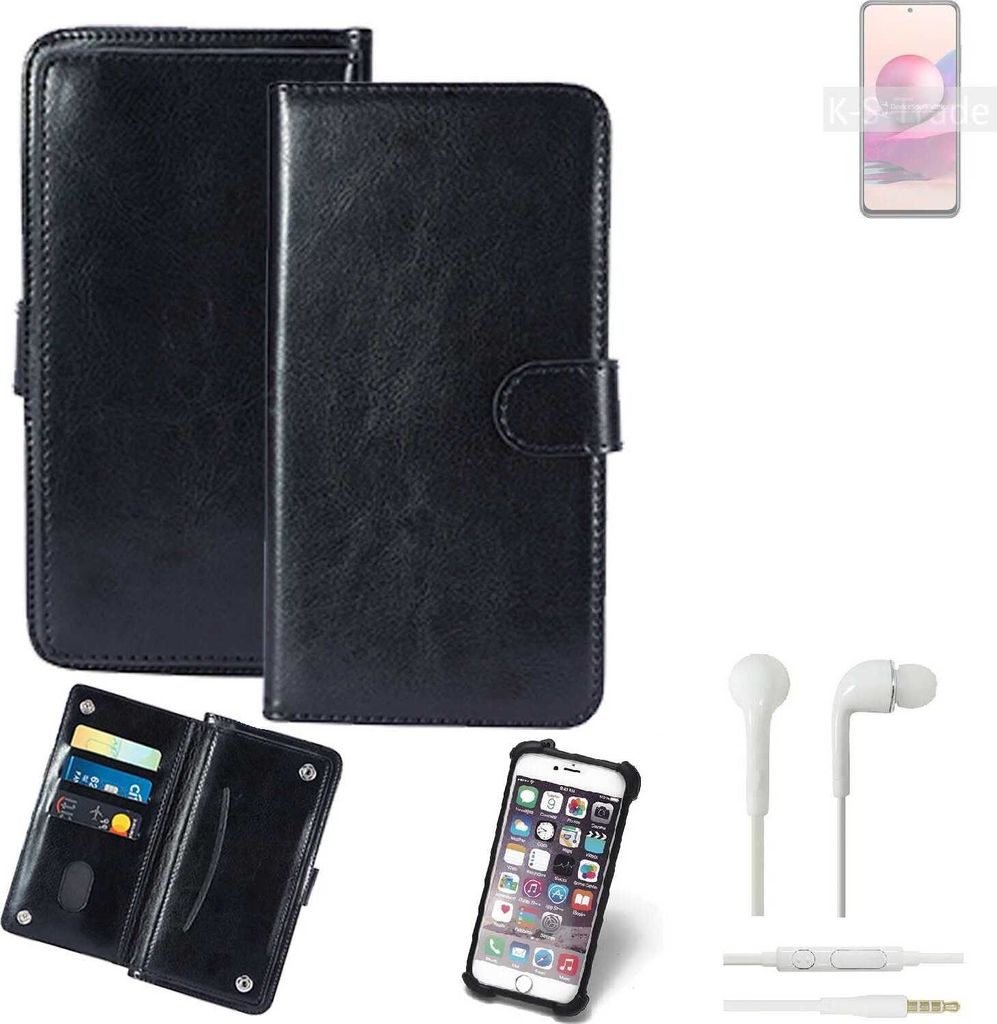 K-S-Trade 360° Hülle kompatibel mit Xiaomi Redmi Note 10S inkl. Headphones schwarz Kunstleder Case BookCase WalletCase Kunstlederederhülle