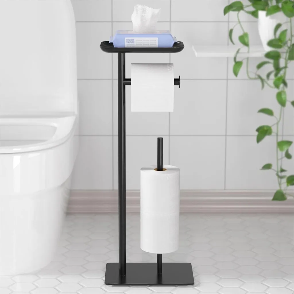 Porte-rouleau WC sur pied en métal noir et porte-objet pour salle de bain