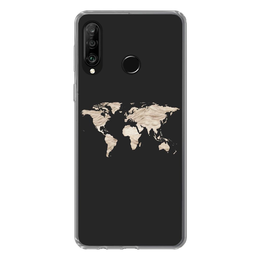MuchoWow Handyhülle Schutzhülle Hülle für Huawei P30 Lite Weltkarte - Heu - Braun Silikon Softcase Handy Hülle - Handyhülle