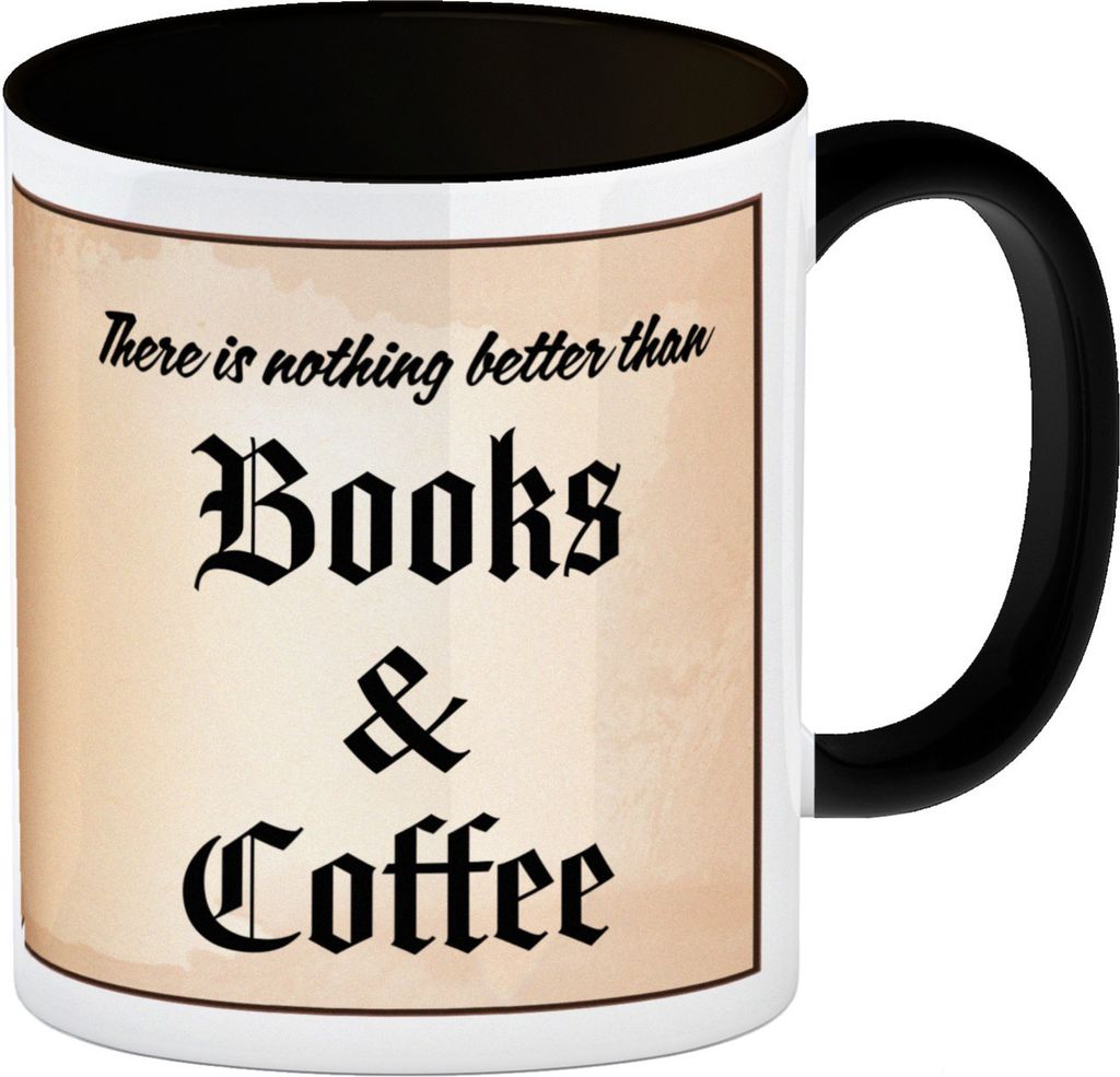 Büchernarr Kaffeebecher Schwarz im Buchdesign mit Spruch