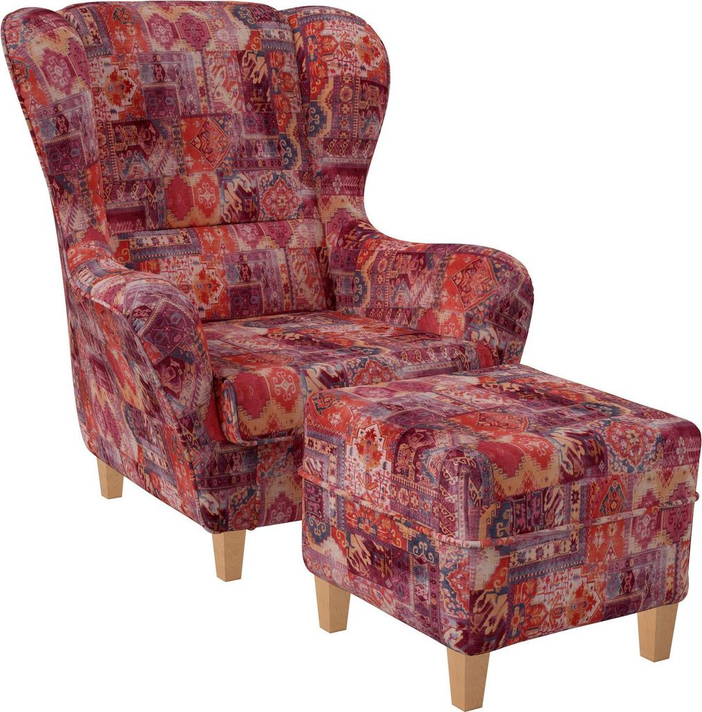 Supellex Sofia Ohrensessel mit Hocker | Patchwork, Samt-Velours, Orient Rot
