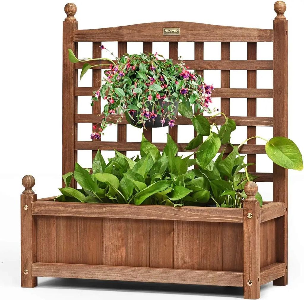 Blumenkasten mit Rankgitter - Hochbeet aus Holz - Mit Spalier für Kletterpflanzen - 64,5 x 28 x 75 cm - Für Balkon & Garten - Braun
