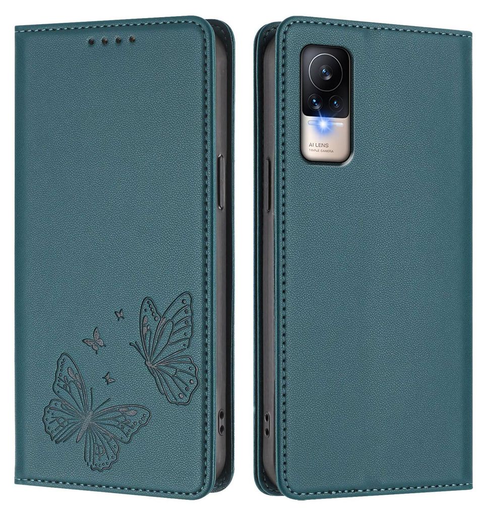 Lederhülle für Xiaomi Civi 1S, Schmetterling Prägung Leder Brieftasche Schutzhülle mit Ständer Grün