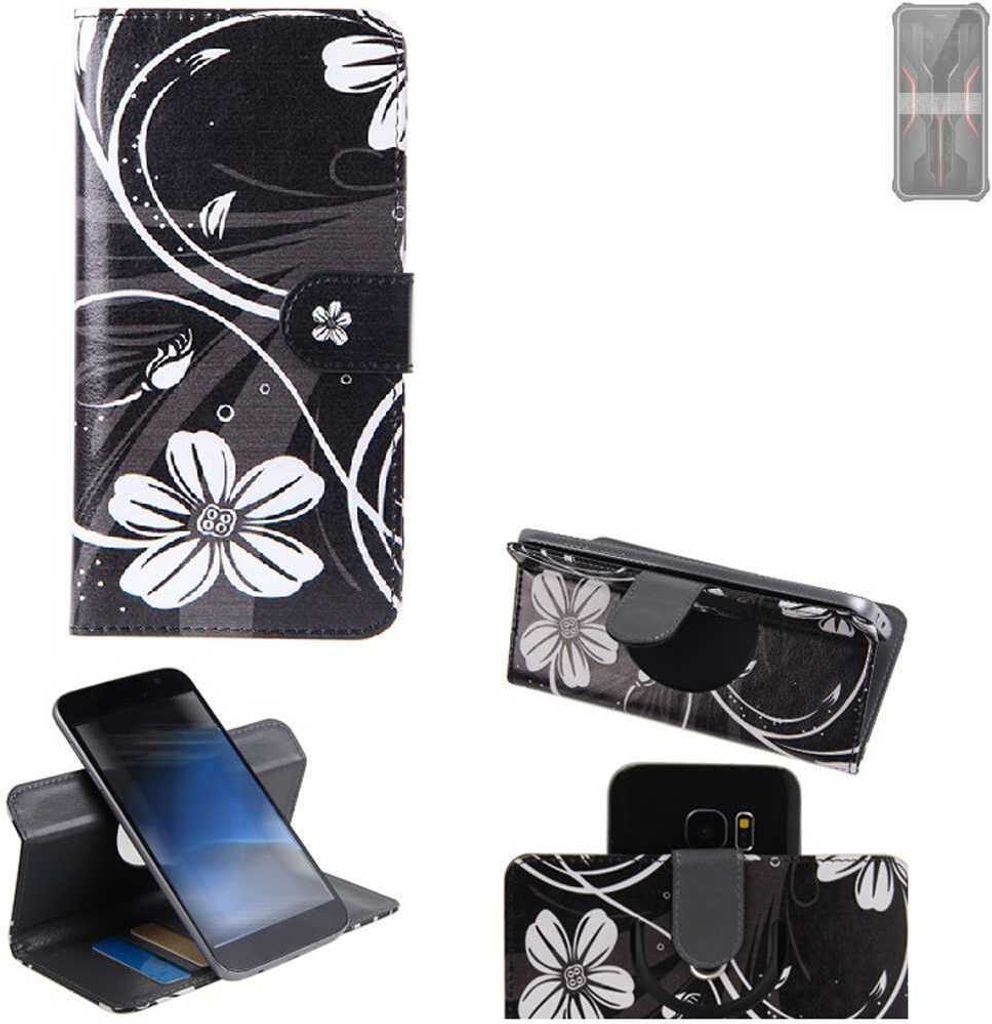K-S-Trade Schutzhülle Handyhülle kompatibel mit FOSSiBOT F101P Hülle 360° Wallet Case “Flowers“ Klapphülle Hülle schwarz-weiß 1x