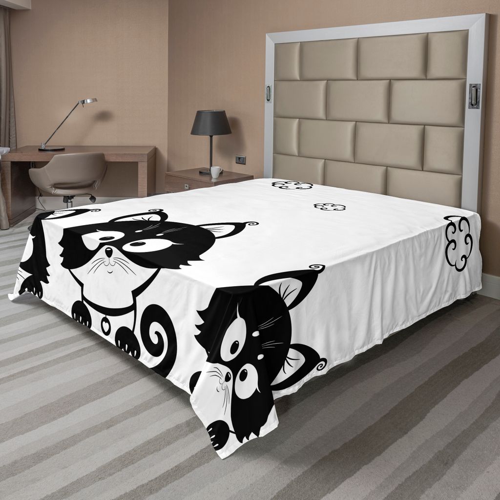 ABAKUHAUS Schwarz und weiß Bettlaken, Nette Drei Kätzchen Mit Wolken Über Ihren Köpfen Kleine Gedanken Kunst, weiches bequemes oberes Bettlaken...