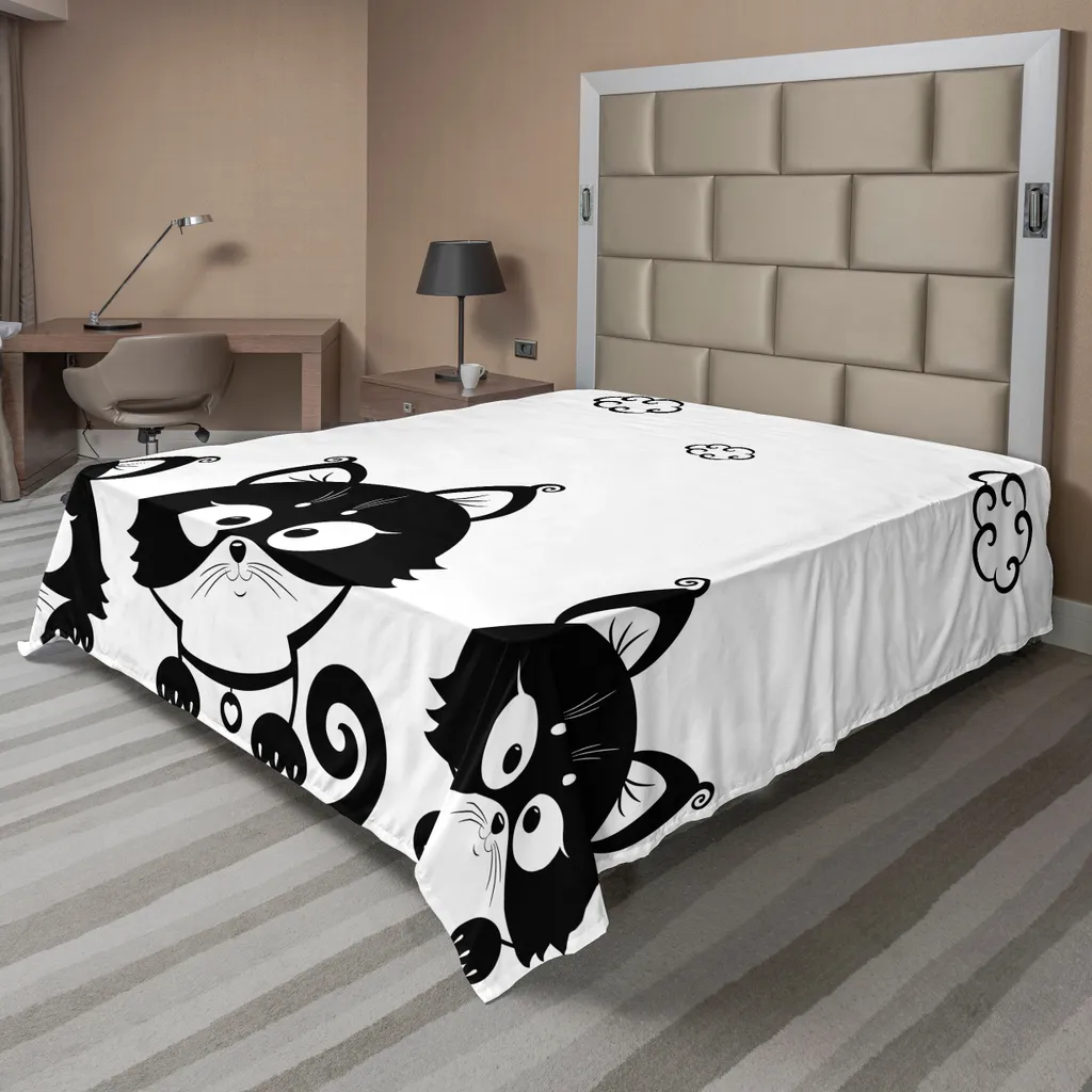 ABAKUHAUS Lenzuolo bianco e nero, tre graziosi gattini con nuvole sopra la testa, piccoli pensieri artistici, lenzuolo morbido e confortevole per un letto decorativo, 1 pezzo, 266 cm x 260 cm, bianco e nero