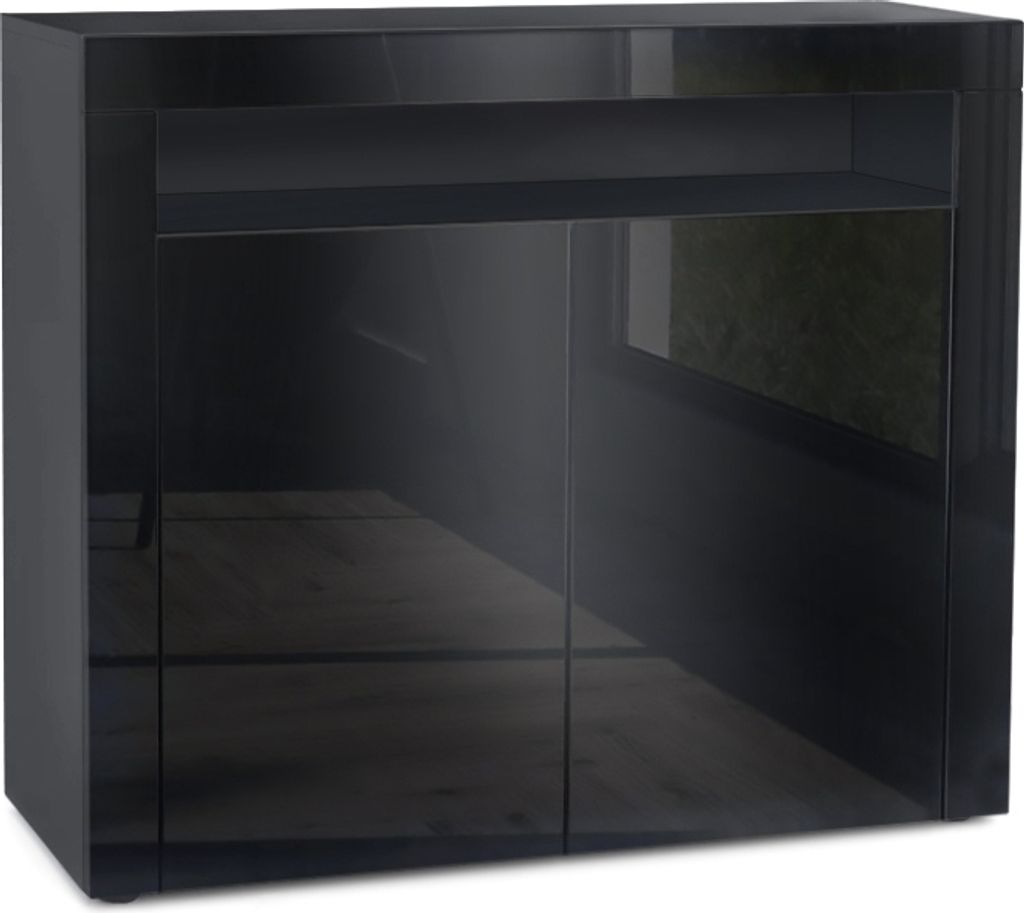 A black sideboard with two doors and one open shelf, shown in a studio setting with a dark background.