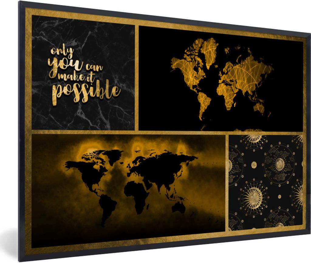 MuchoWow Gerahmtes Poster Weltkarte - Collage - Luxus - Gold 60x40 cm - Poster mit Schwarzem Bilderrahmen Wandposter Rahmen Foto Bilder - Printin...