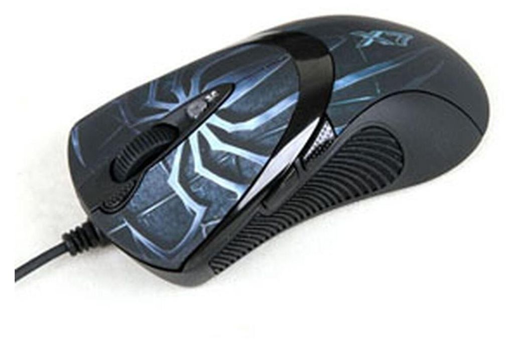 A close-up, studio shot of a black gaming mouse with a blue and white patterned design.