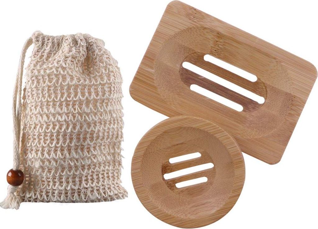 Natürlicher Holzseifenhalter und Sisal-Seifenbeutel Set für Dusche und Badezimmer - Bambus-Seifenhalter mit Drainage - Geeignet für Gesicht, Kö...