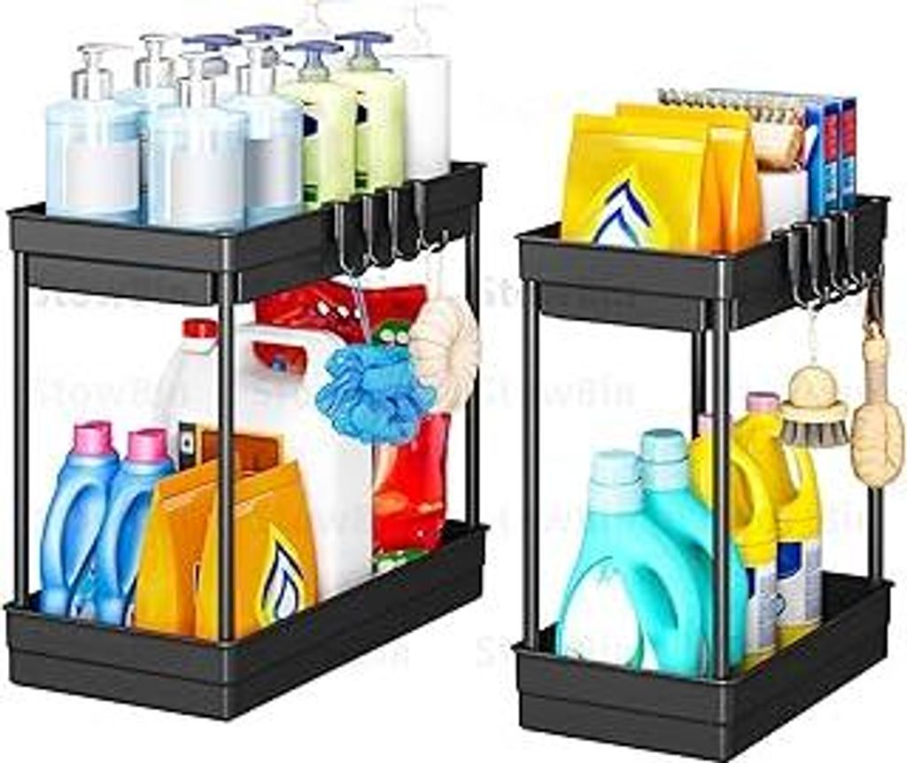 Küchen Organizer - 2 Pack Unter Waschbecken Regal mit 4 Haken &1 Tassen, Organizer Küche, Badezimmer Organizer