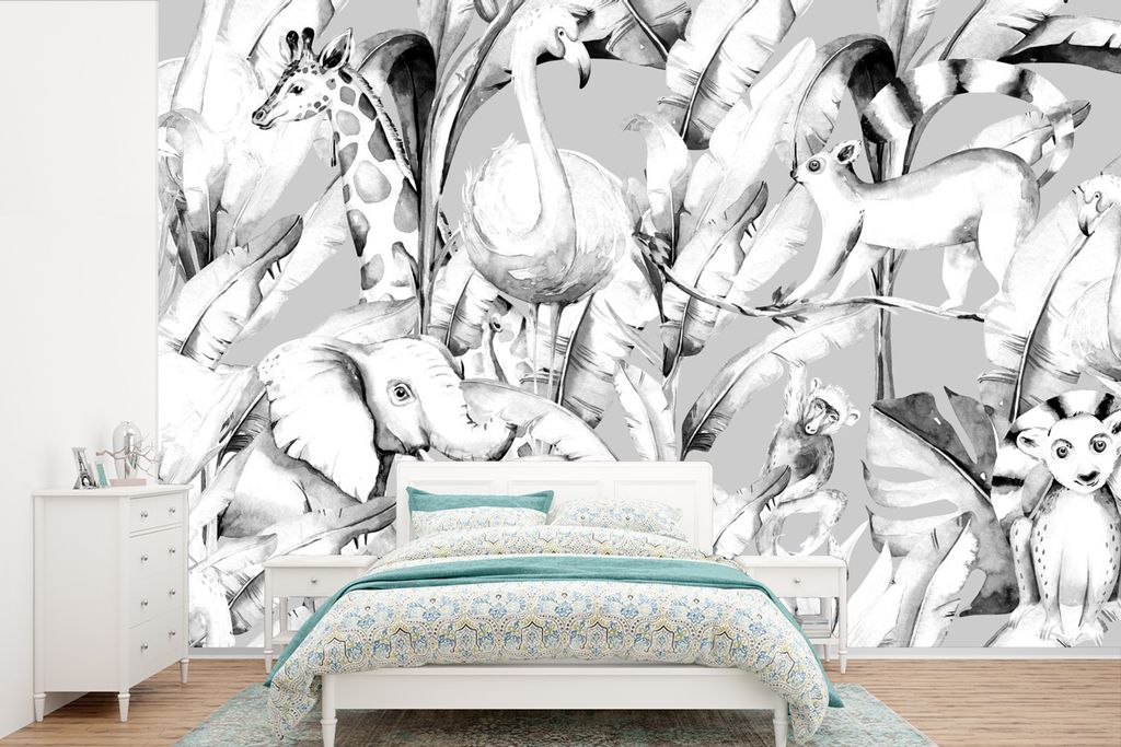 MuchoWow Fototapete für Wohnzimmer oder Schlafzimmer Wandtapete Vinyl Motivtapete Aquarelle - Tiere - Dschungel - Farben - Jungen - Blau - Kinde...