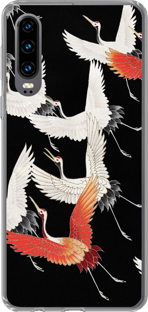 MuchoWow Handyhülle Schutzhülle Hülle für Telefoonhoesje Huawei P30 Japandi - Kranich - Rot - Weiß Silikon Softcase Handy Hülle - Kartenbes...